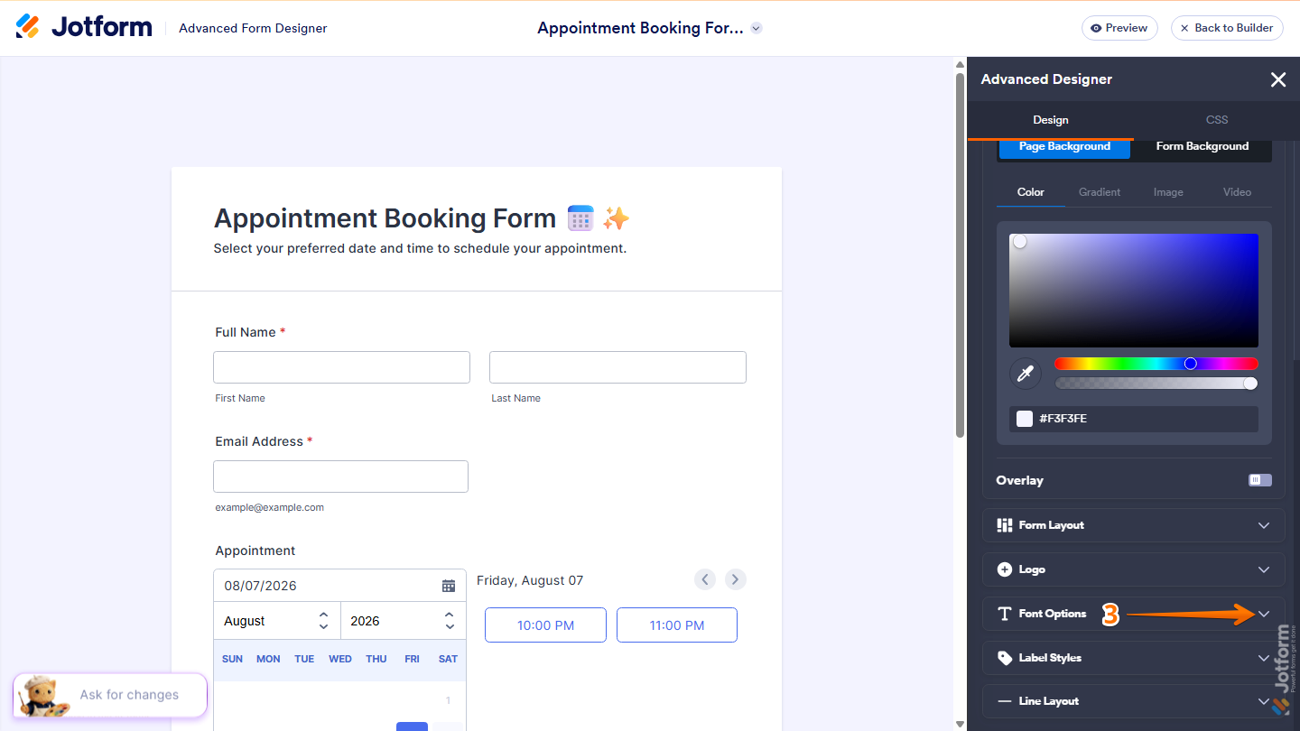 Jotform Advanced Designer menu with the Font Options section visible and the Downward Arrow icon ready to expand additional font settings
