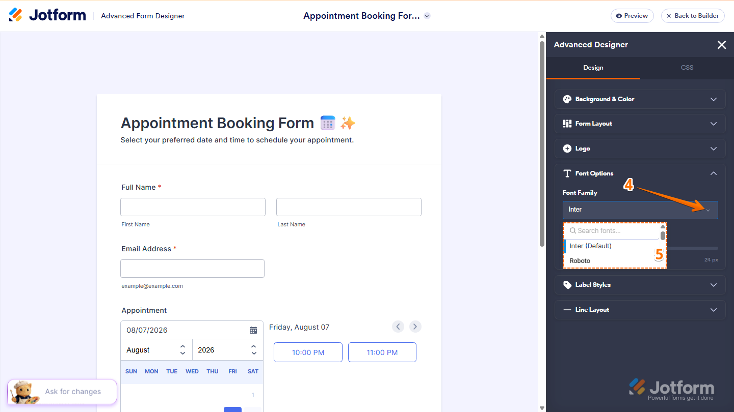 Jotform Advanced Designer menu with the Font Family dropdown expanded, displaying a list of fonts that can be searched or selected for the form