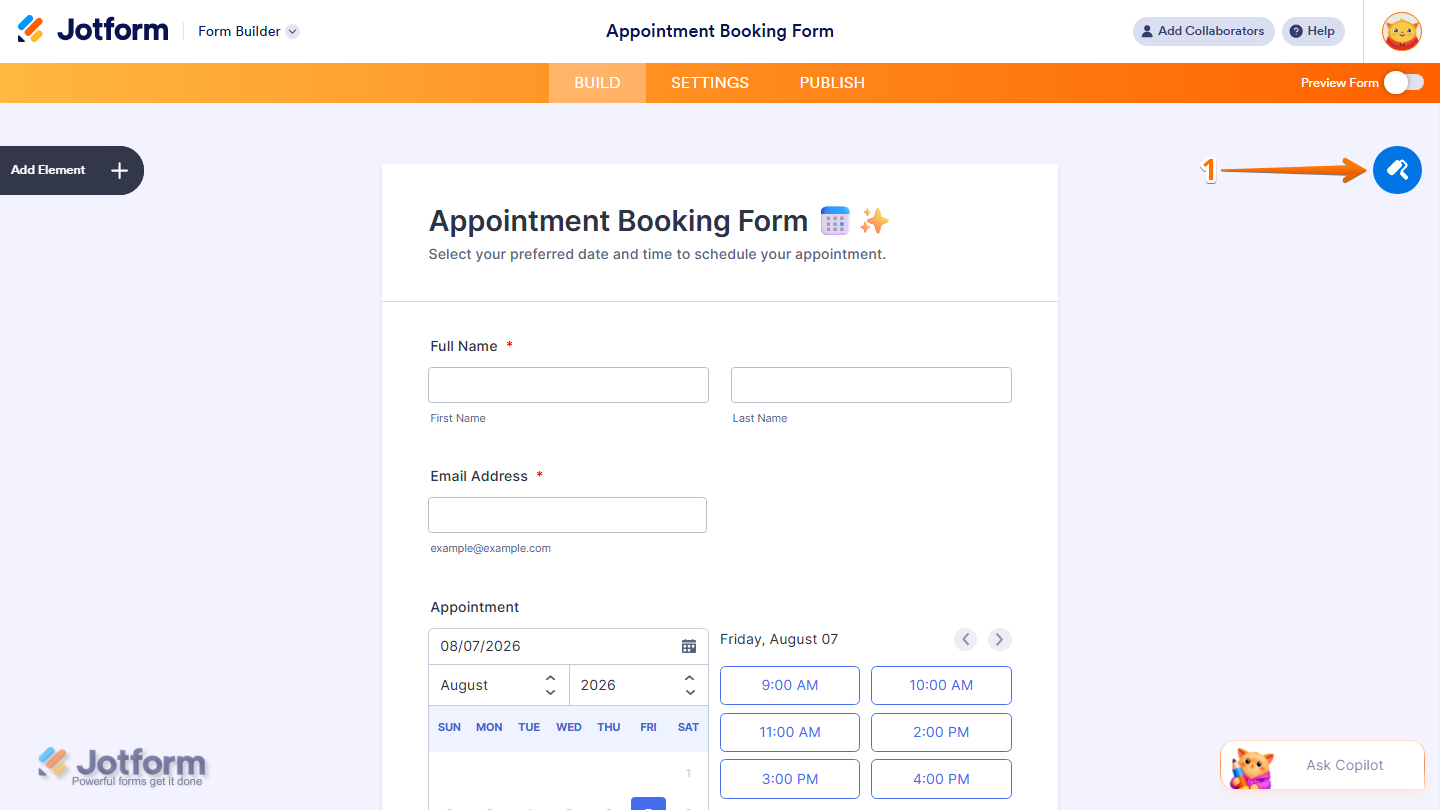 Jotform Form Builder with the Paint Roller icon highlighted in the top-right corner, used to open the form’s design and styling options