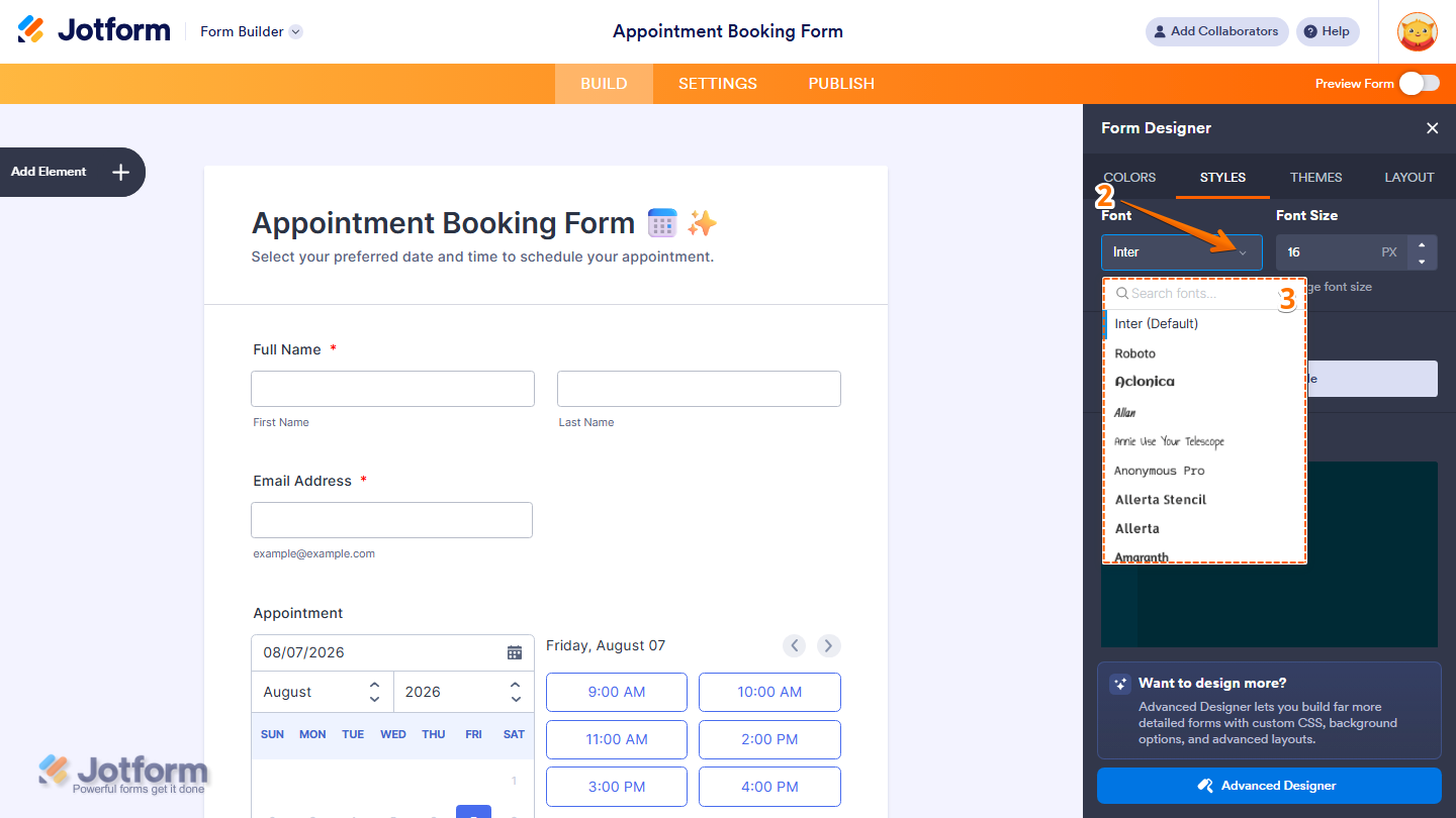 Jotform Form Designer menu under the Styles tab showing the Font section expanded, with a Downward Arrow dropdown for searching or selecting a font