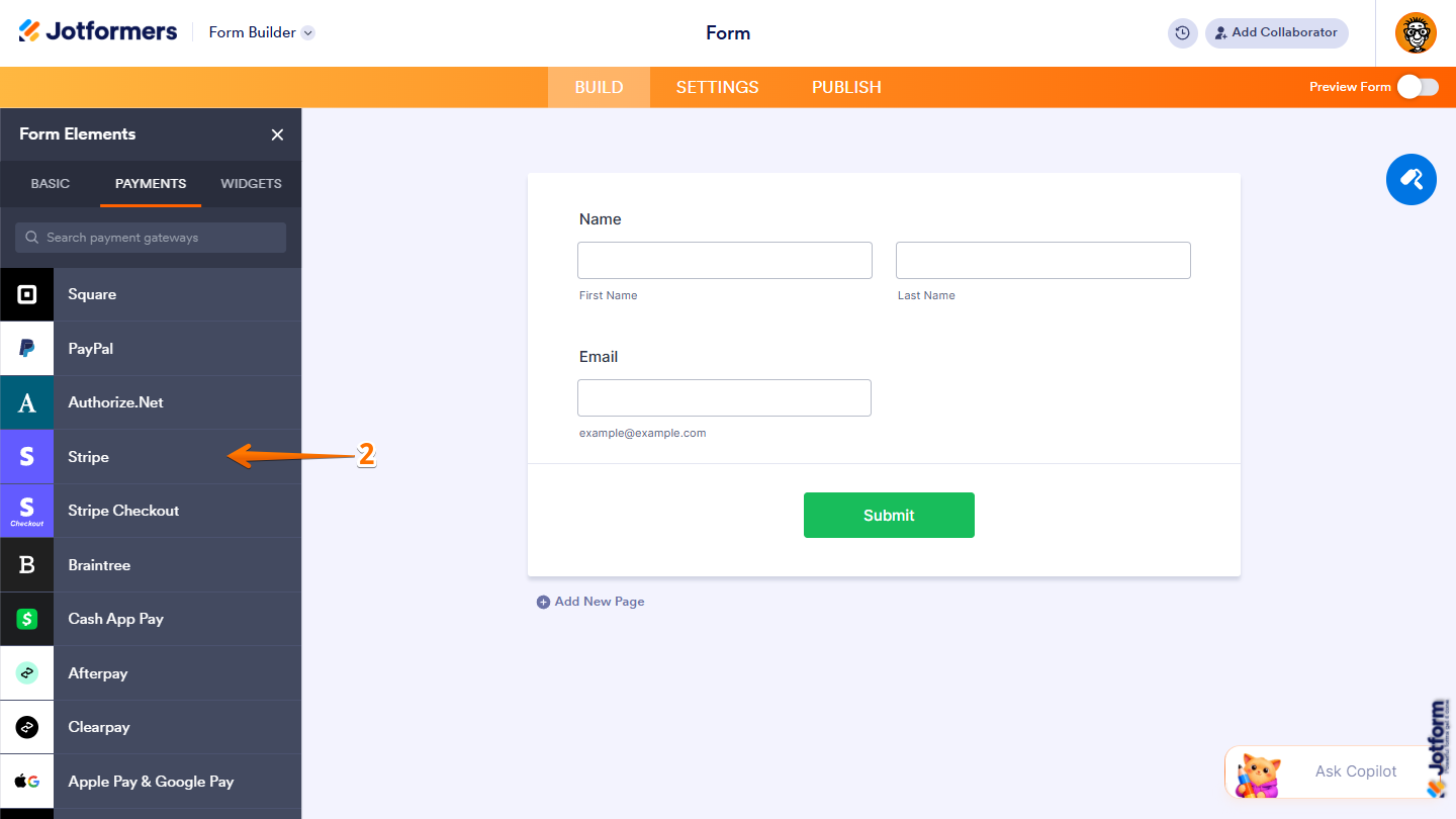 Stripe option in the Payments tab of the Jotform Form Builder