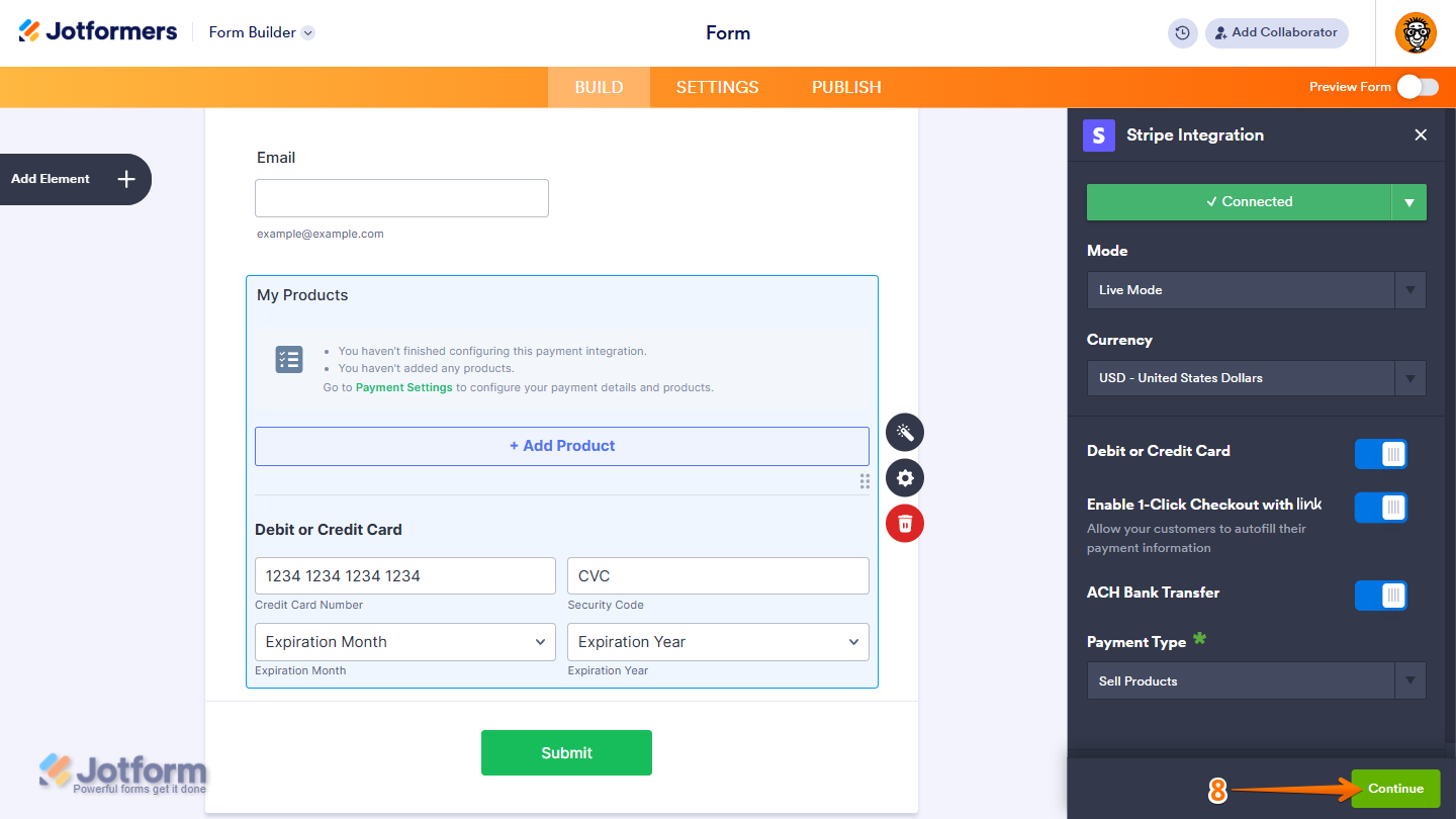 Continue button in the Stripe integration menu