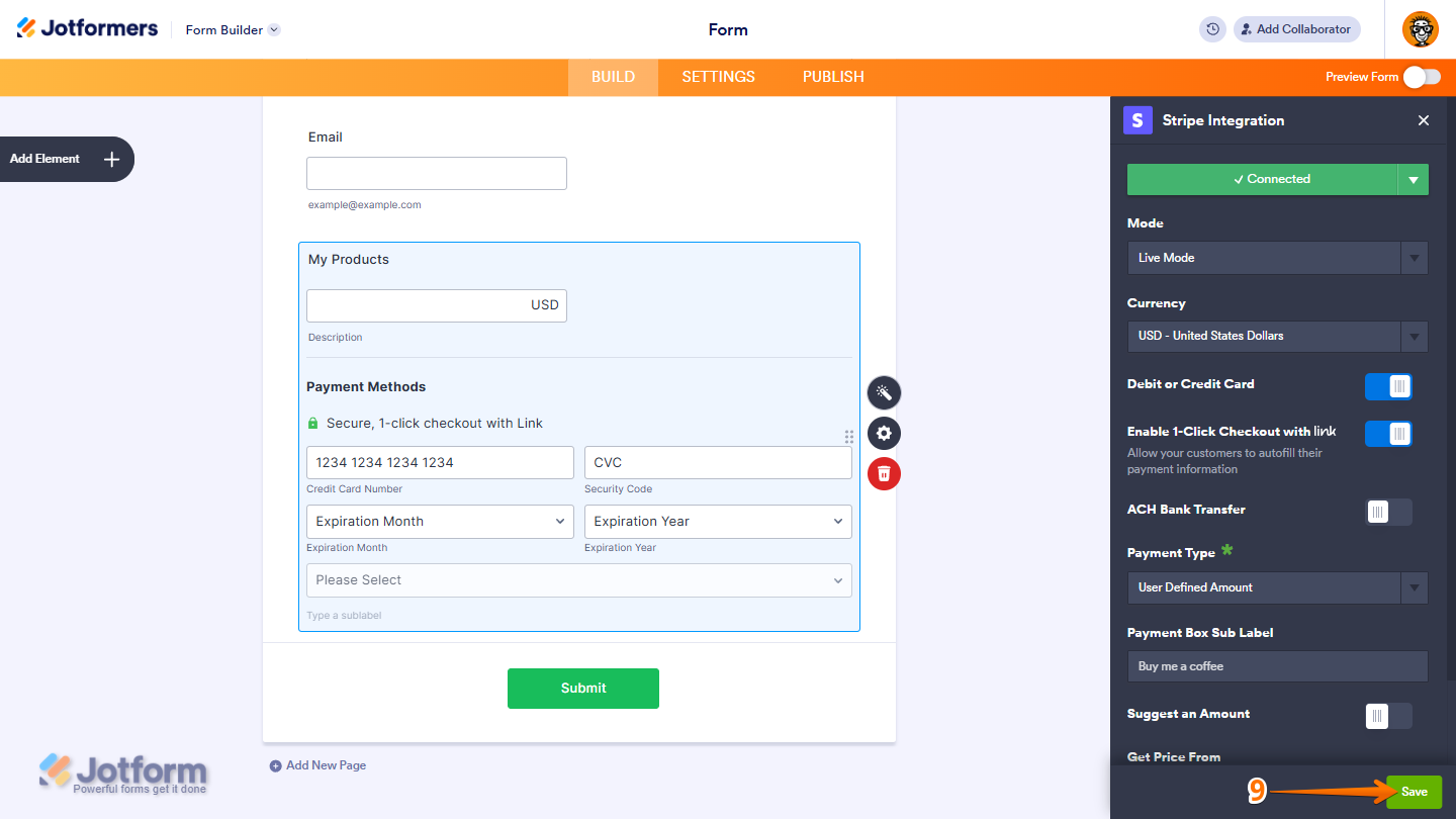 Save button in the Stripe integration menu