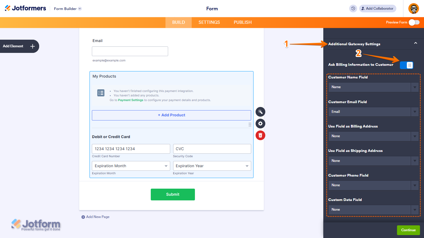 Ask Billing Information to Customer toggle in the Stripe integration menu
