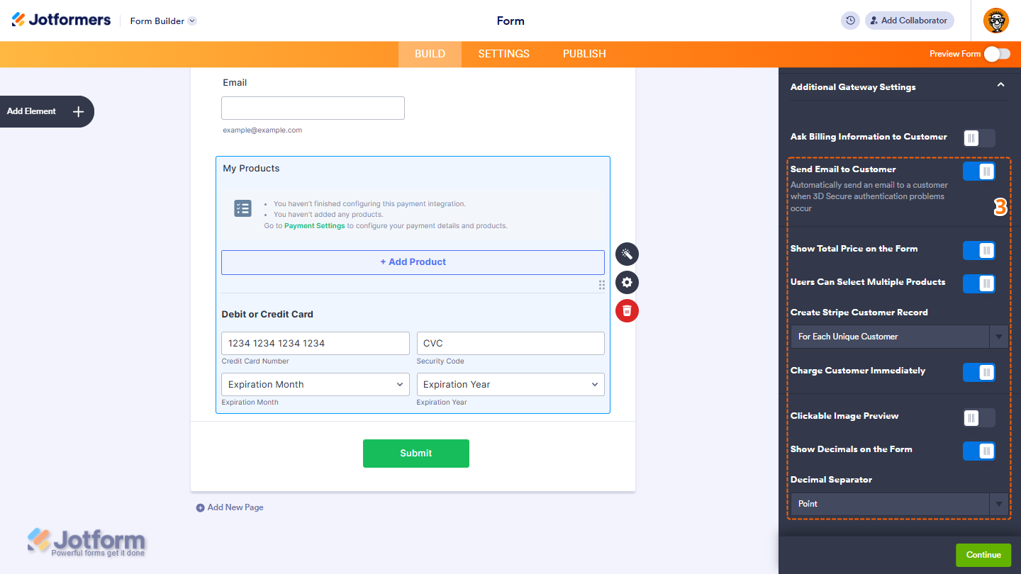 Various options in the Additional Gateway Settings of the Stripe integration menu