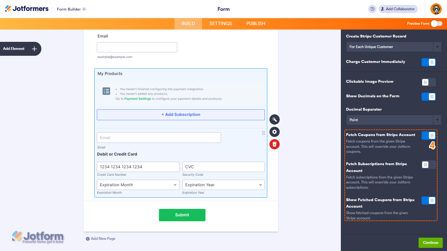 Fetch Coupons from Stripe Account toggles in the Additional Gateway Settings of the Stripe integration menu