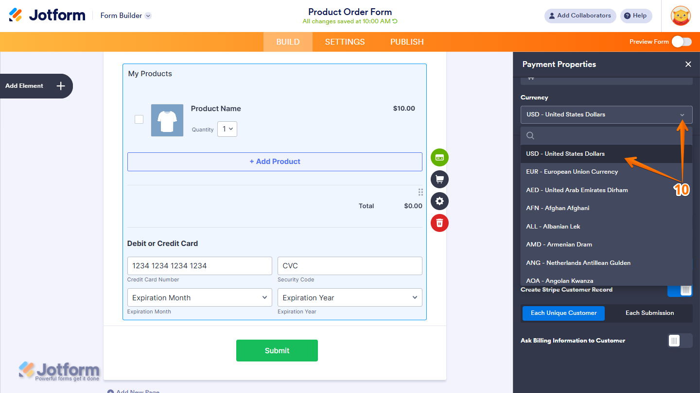 Currency dropdown menu in the Payment Properties of the Stripe integration