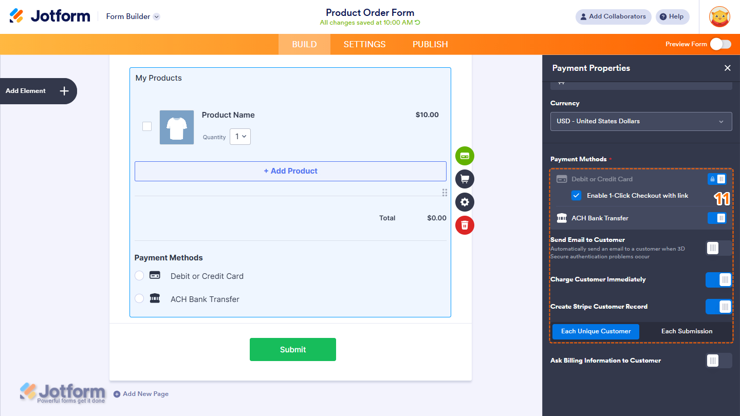 Payment Methods in the Payment Properties of the Stripe integration
