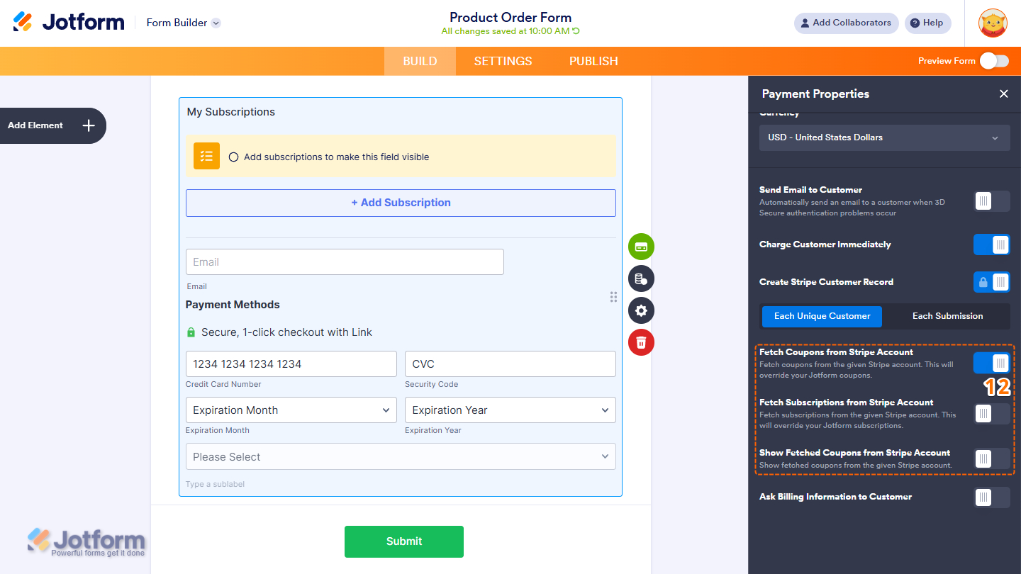 Fetch Coupons from Stripe Account toggles in the Payment Properties menu of the Stripe integration