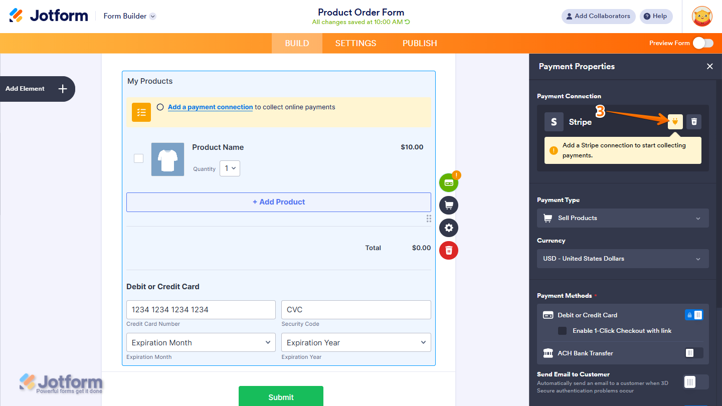 Plug icon in the Payment Properties menu of Stripe integration