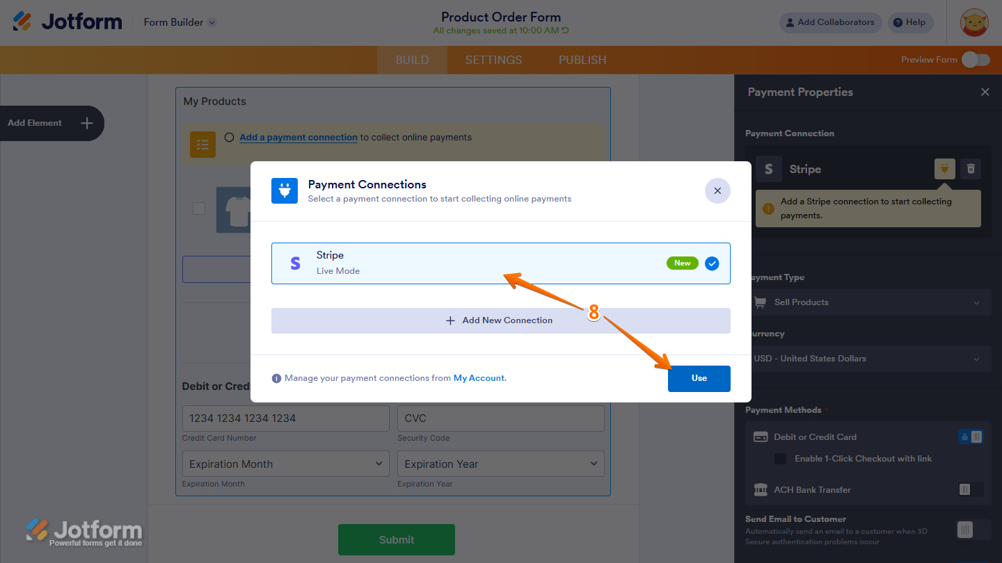 Use button in the Payment Connections window of the Stripe integration settings
