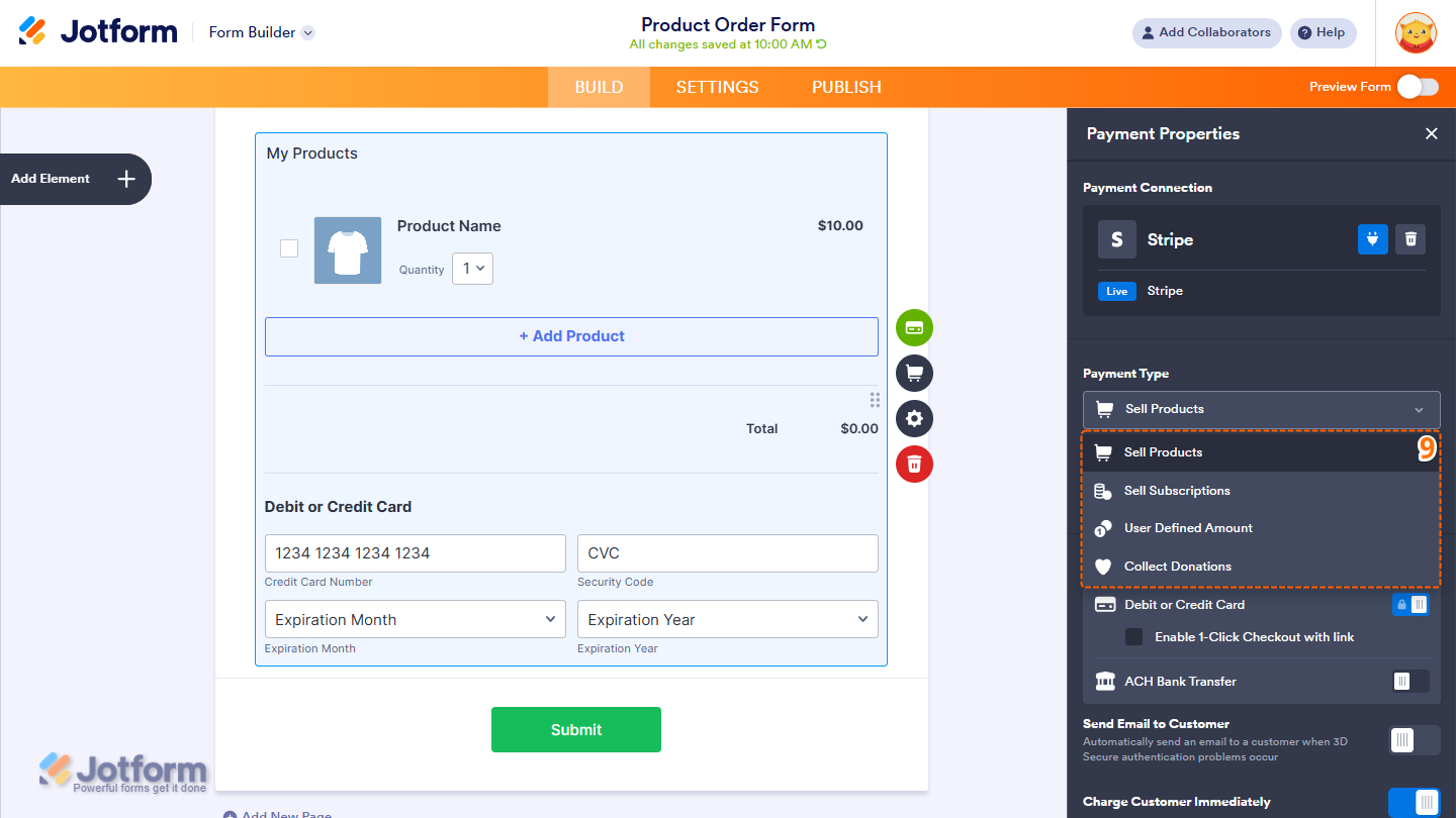 Payment Type dropdown menu in the Payment Properties of the Stripe integration
