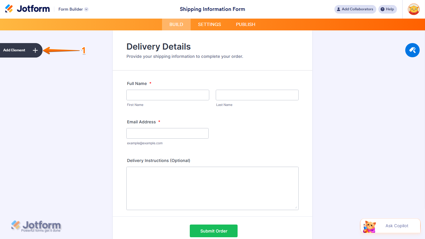 Form Builder showing Add Element button on the left side in Jotform