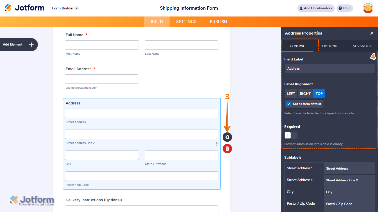 Address field Properties panel General tab showing label alignment and required options in Jotform