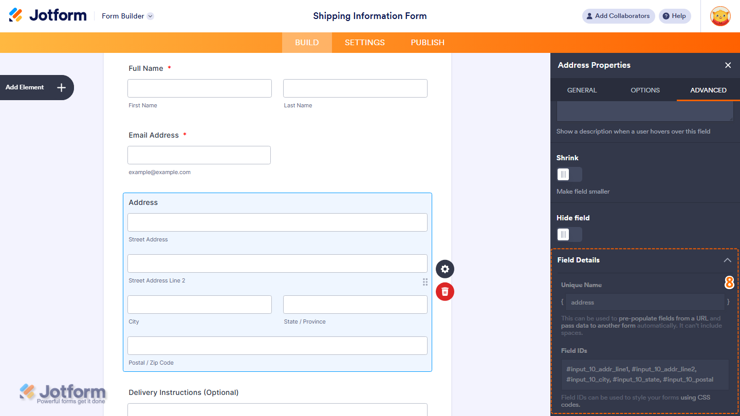 Address field Properties panel showing Hide Field toggle and Field Details section in Jotform.
