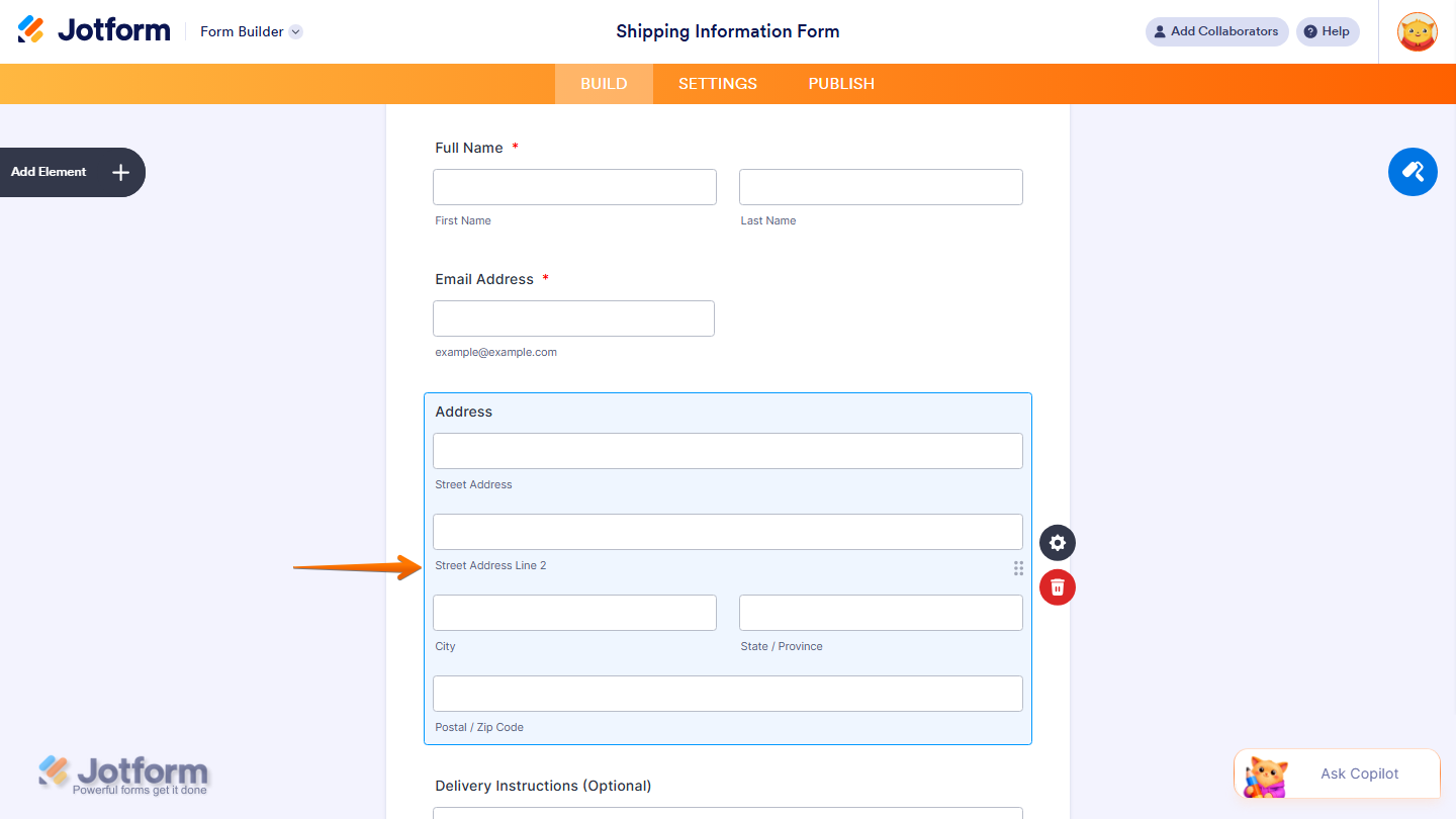 Form Builder showing Address field added and configured on the form in Jotform