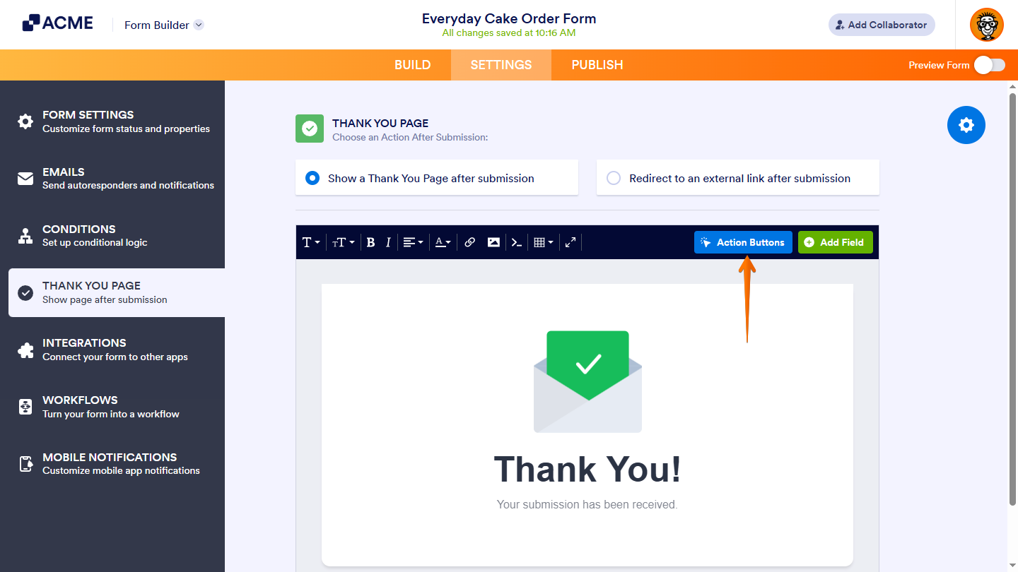 Action Buttons in the Rich Text Editor of the Thank You Page section in the Settings tab of Form Builder
