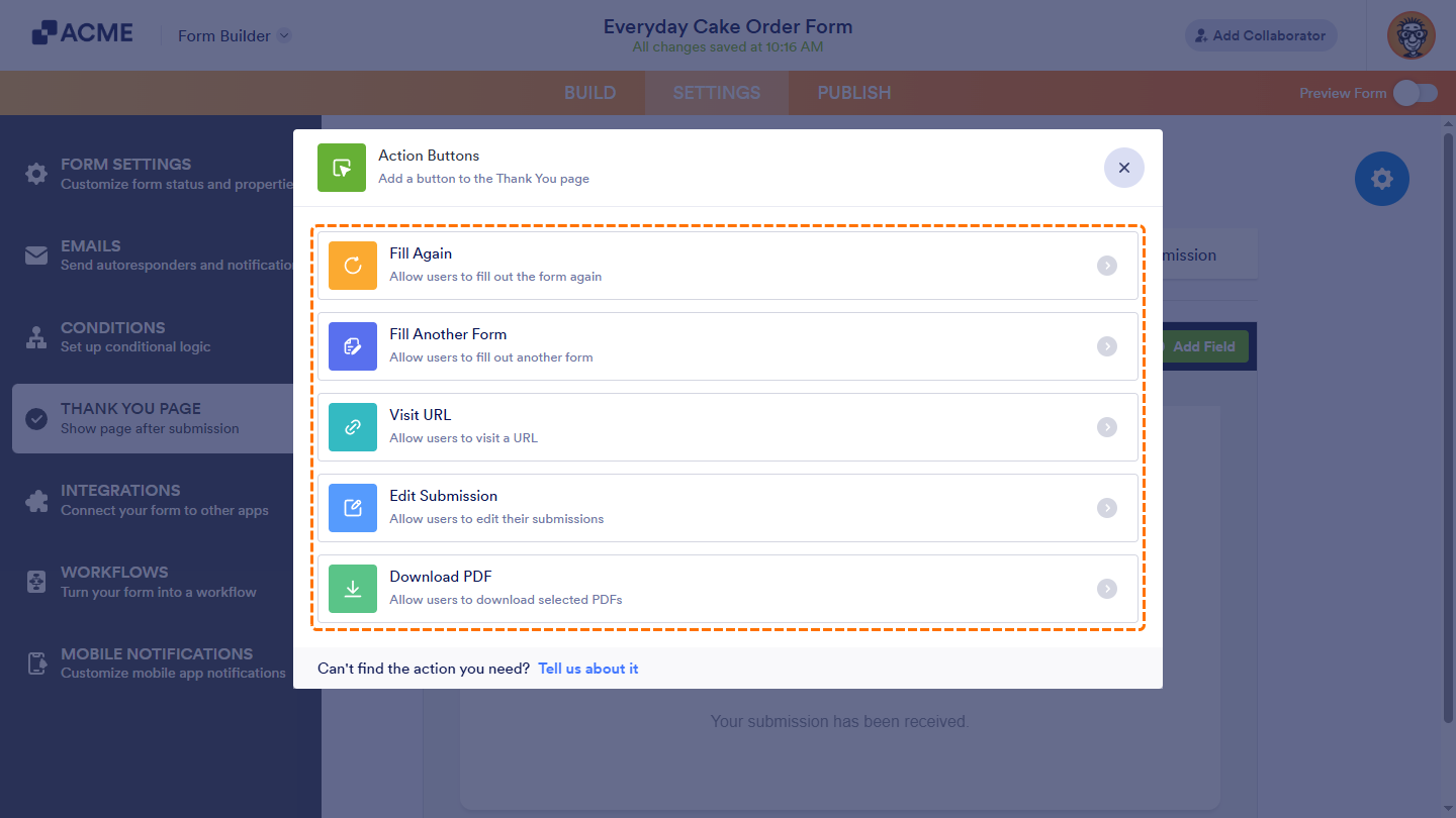 Action Buttons window in the Thank You Page section of the Settings tab in Form Builder