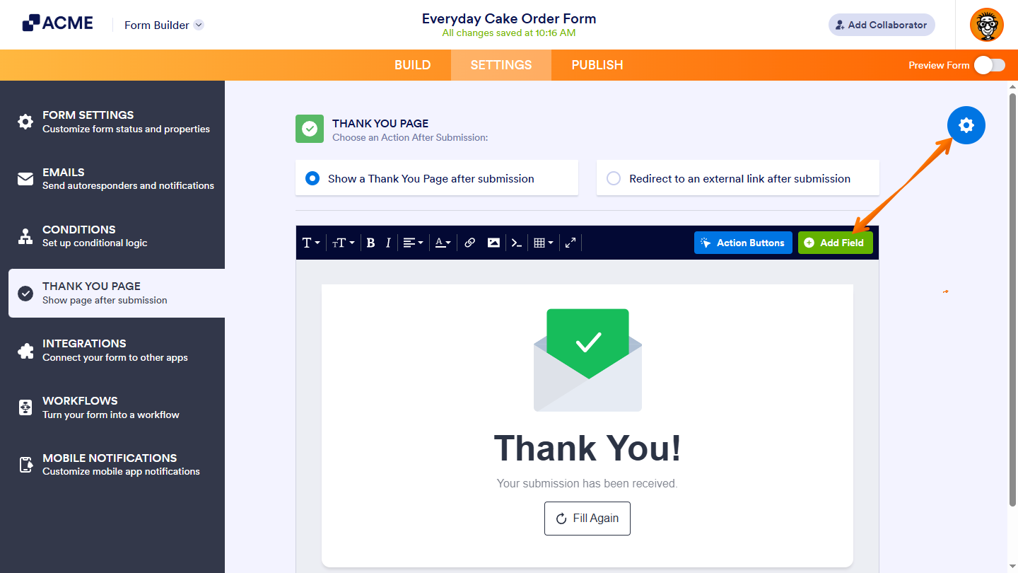 Add Fields button in the Rich Text Editor of the Thank You Page section in the Settings tab of Form Builder