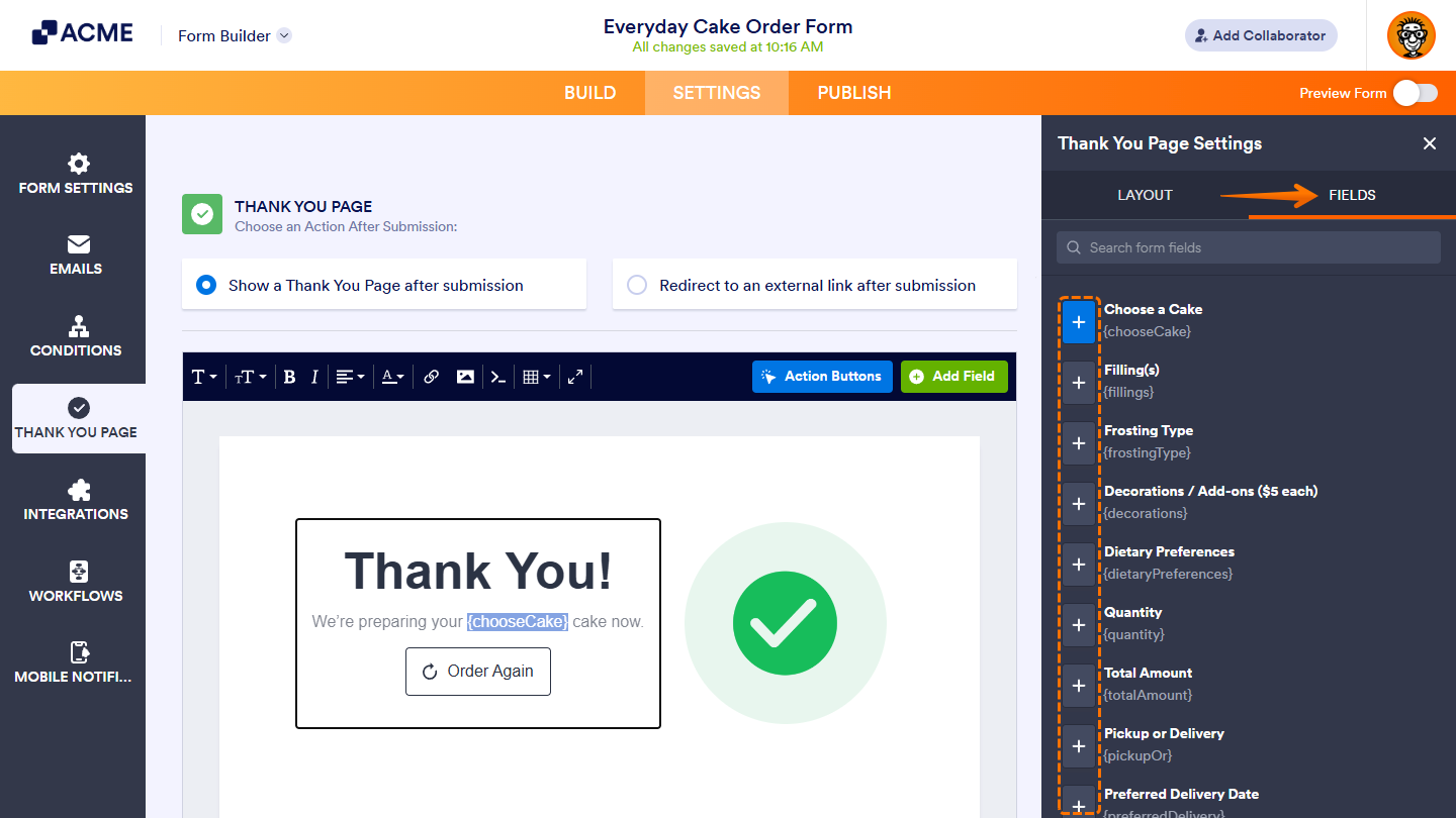 Fields tab in the Thank You Page Settings menu of the Thank You Page Section in the Settings tab of Form Builder