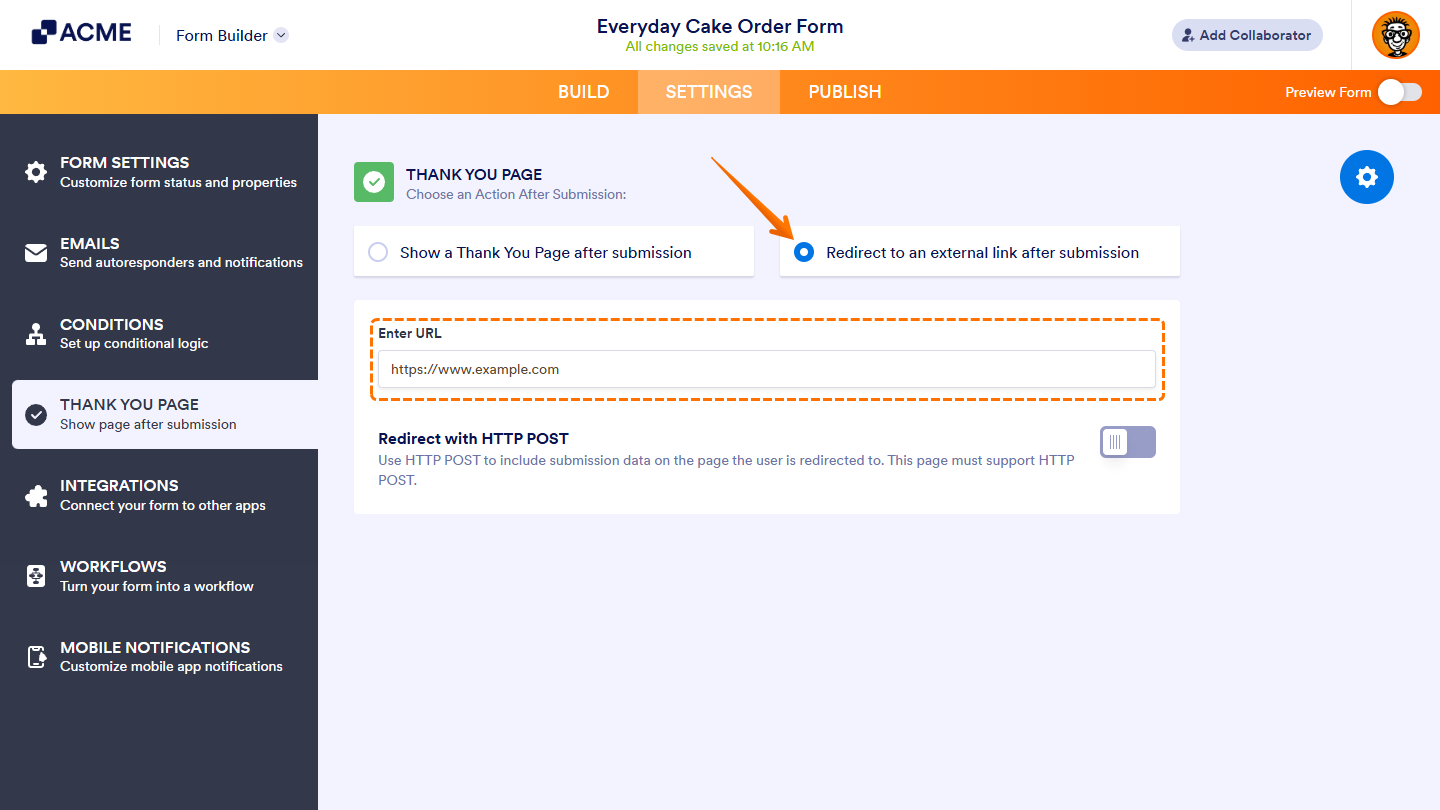 Redirect to an External Link After Submission option in the Thank You Page section of the Settings tab in Form Builder