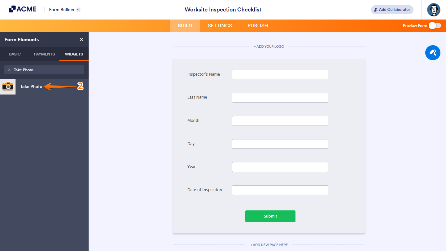 Adding the Take Photo widget from the Add Element menu in  Form Builder to let users capture and upload images directly through the form