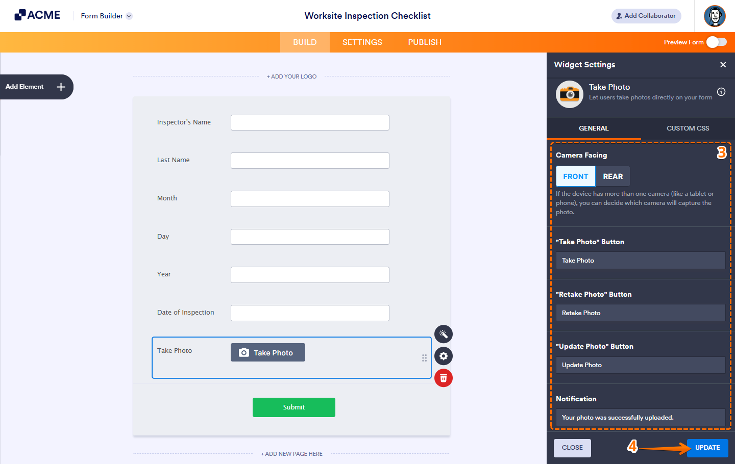 Configuring the Take Photo widget settings in Form Builder, including camera facing options and custom button labels under the General tab