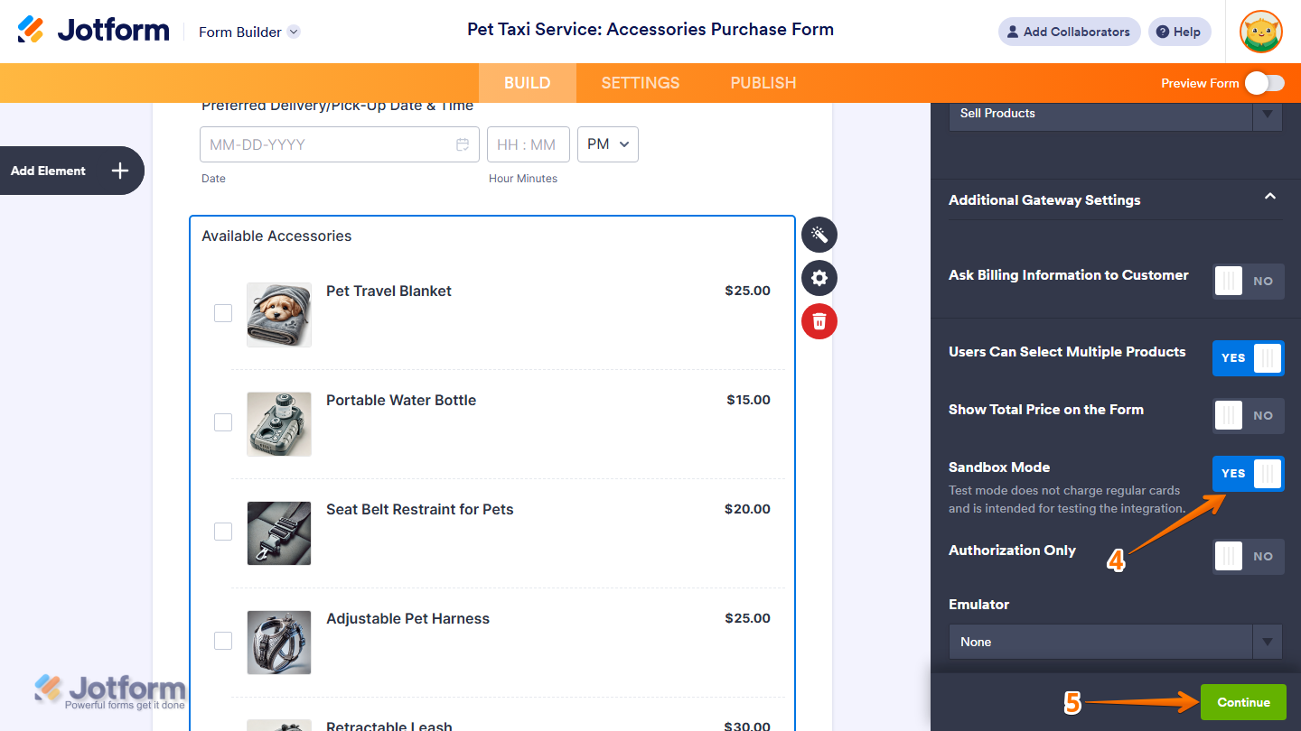 Sandbox Mode setting in the Additional Gateway Settings section in Jotform Form Builder