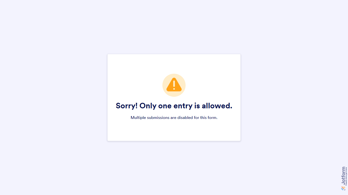 Live form showing duplicate entry warning message for a configured Unique Field in Jotform
