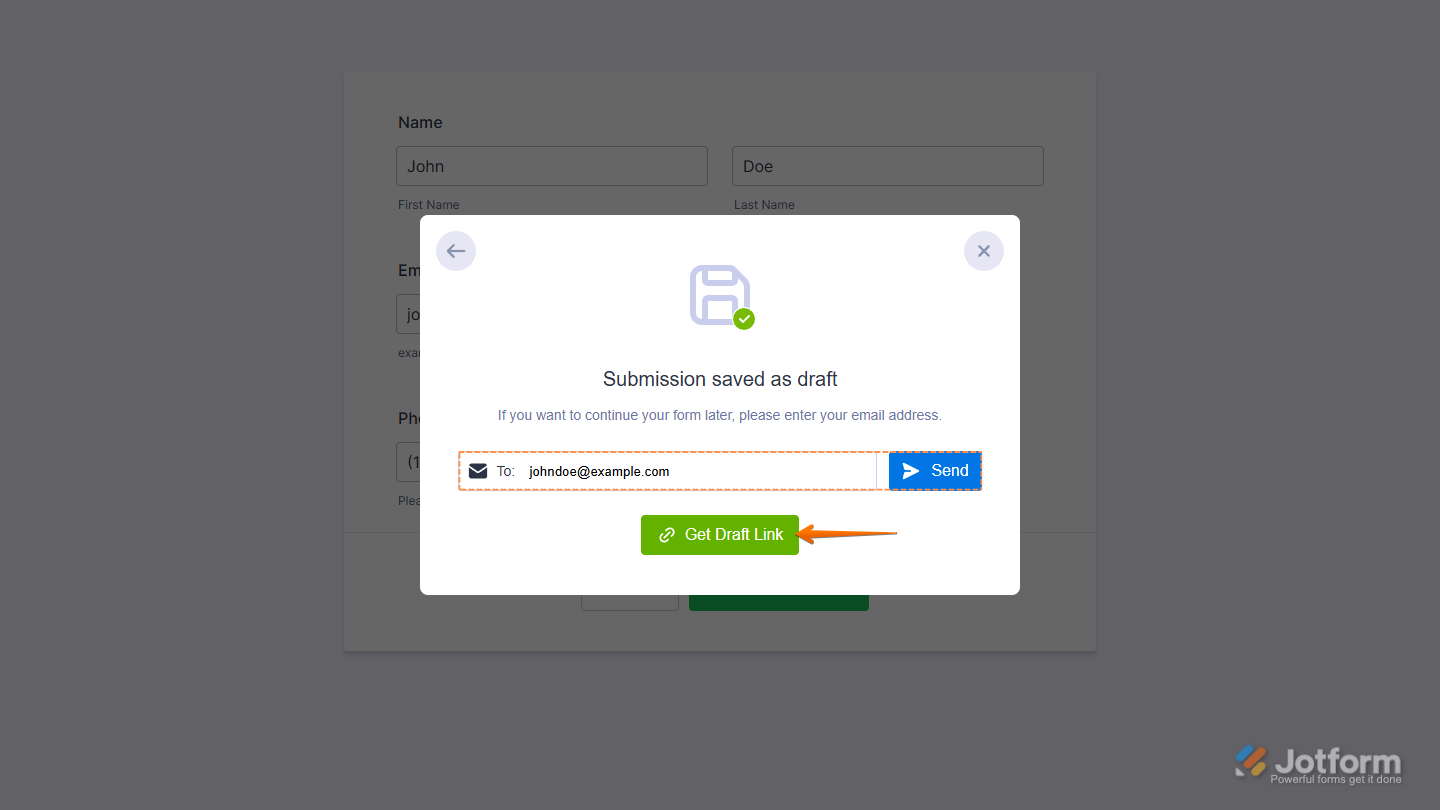 Get Draft Link button of the Save and Continue Later feature