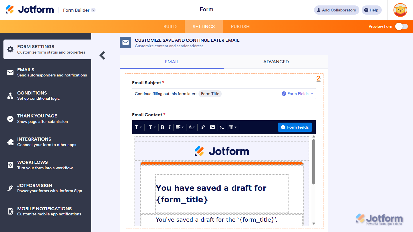 Customize email screen of the Save and Continue Later feature