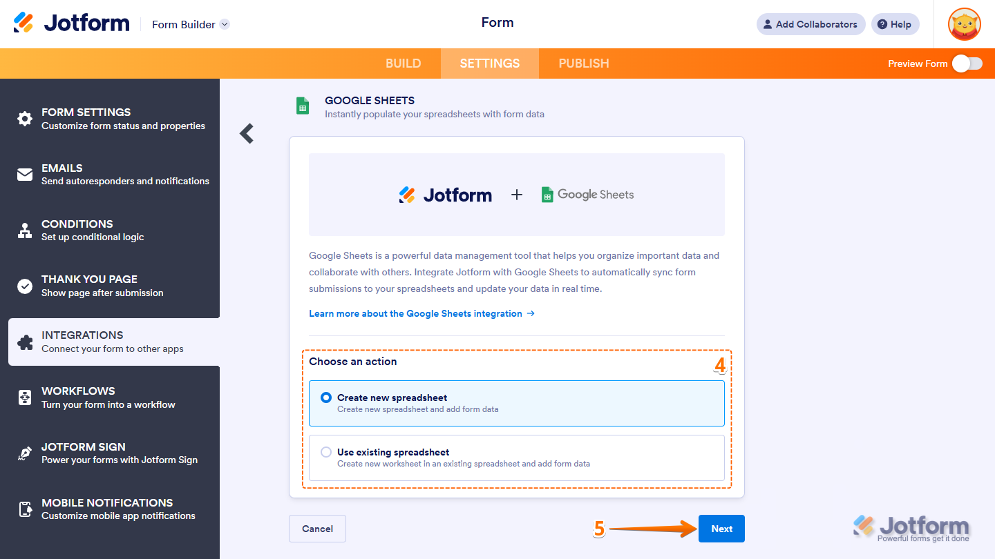 Form Builder Google Sheets integration showing Create New Spreadsheet and Use Existing Spreadsheet options in Jotform