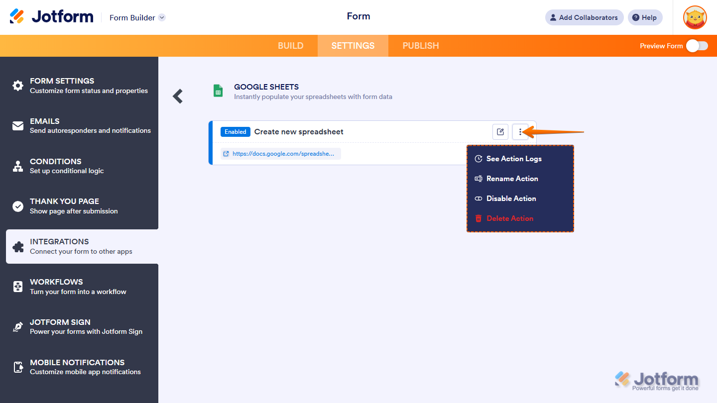 Google Sheets integration actions list showing action options menu with logs rename disable and delete actions in Jotform