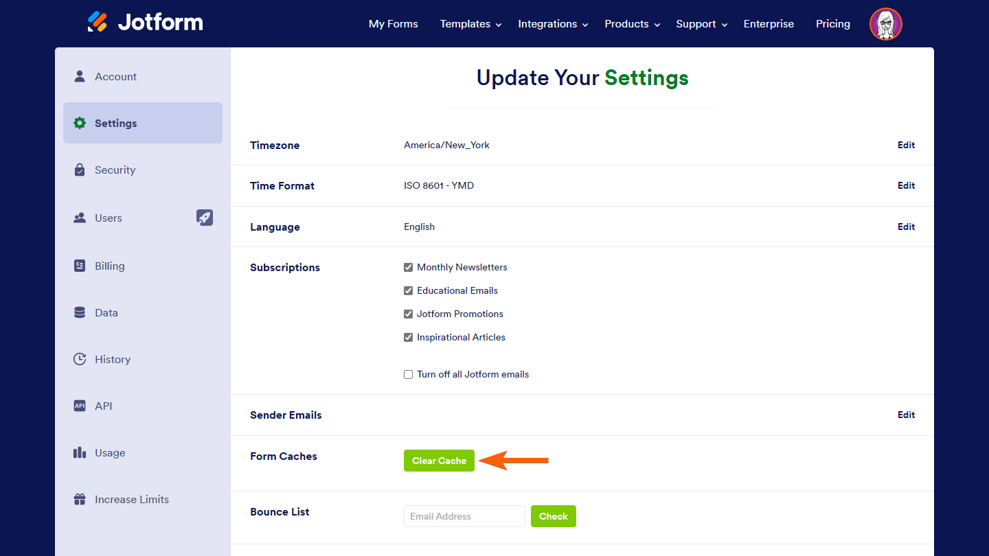 The Account Settings page with an arrow pointing to the Clear Cache button