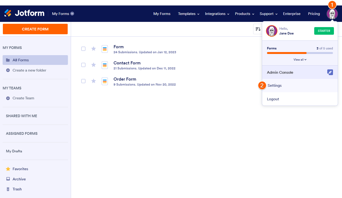 A screenshot of My Forms with numbered steps to access Account Settings