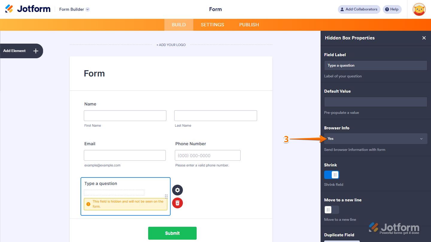 Hidden Box widget General settings showing Browser Info option enabled in Jotform