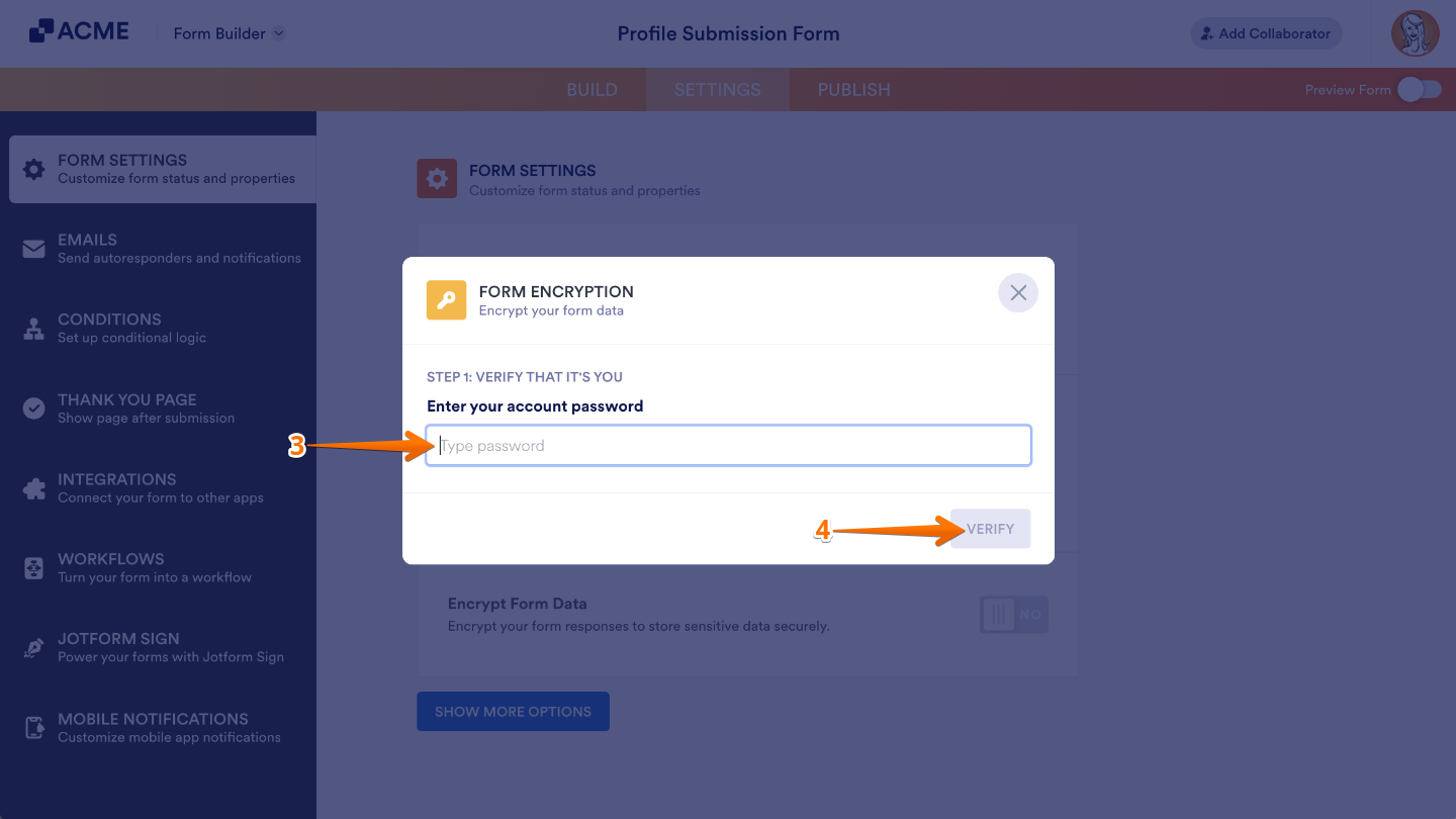 Form Encryption window prompting the user to enter their account password before enabling encryption