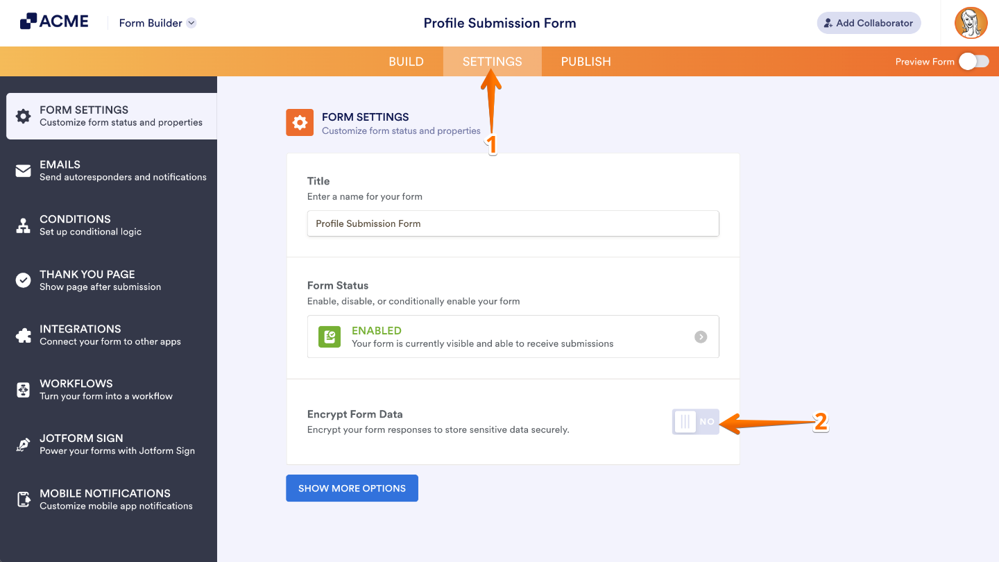 Form Builder showing the Settings page with the Encrypt Form Data option toggled on