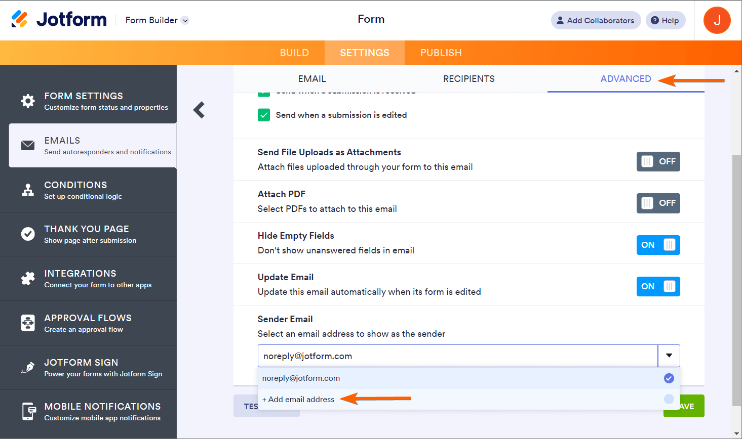 Add Email Address option in the notification email settings in Jotform Form Builder Screenshot 21