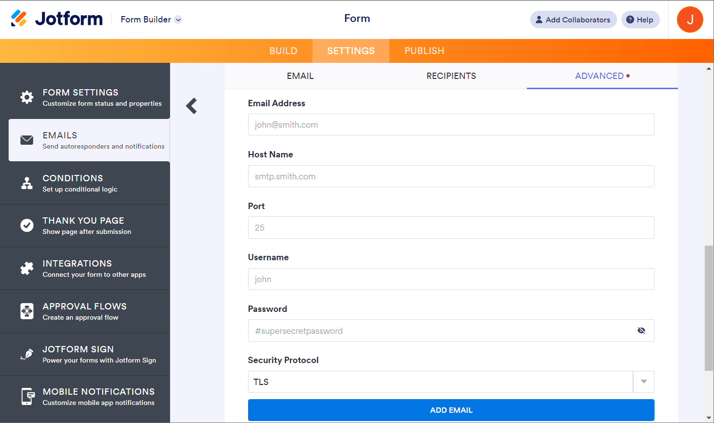 SMTP credentials boxes when adding a custom sender email in Jotform Form Builder Screenshot 32