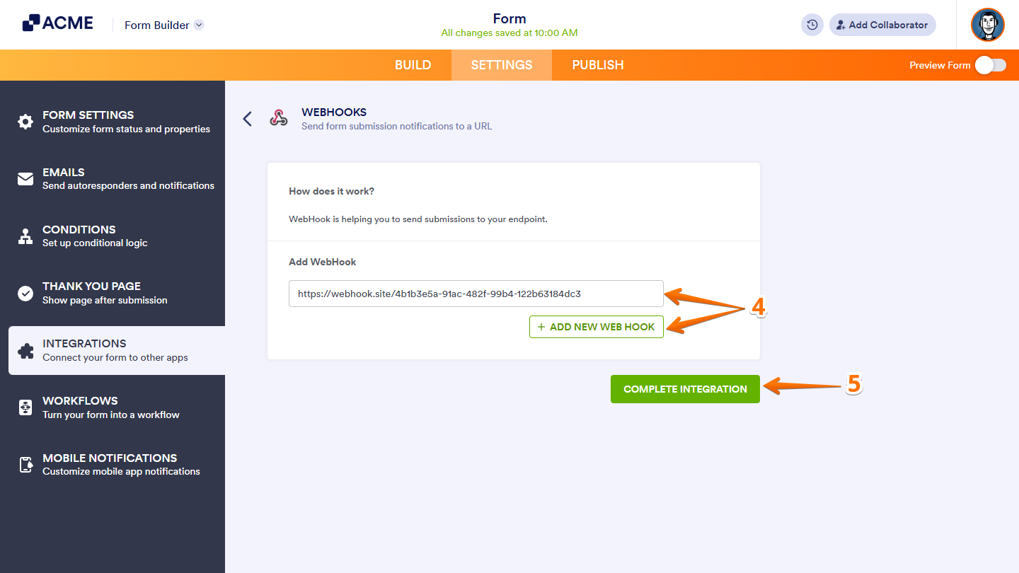 Add New Webhook in the Webhooks integration settings