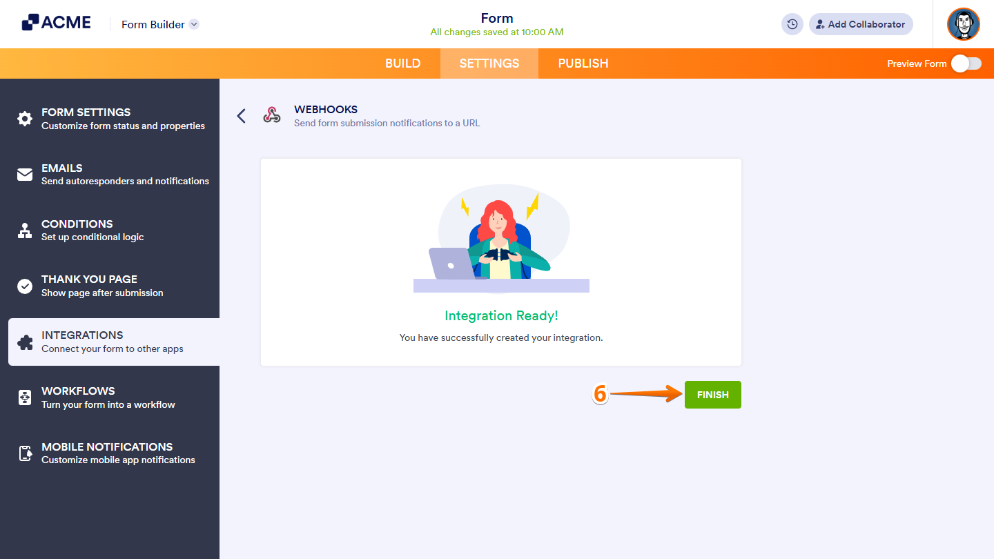 Finish button in the Webhooks integration settings