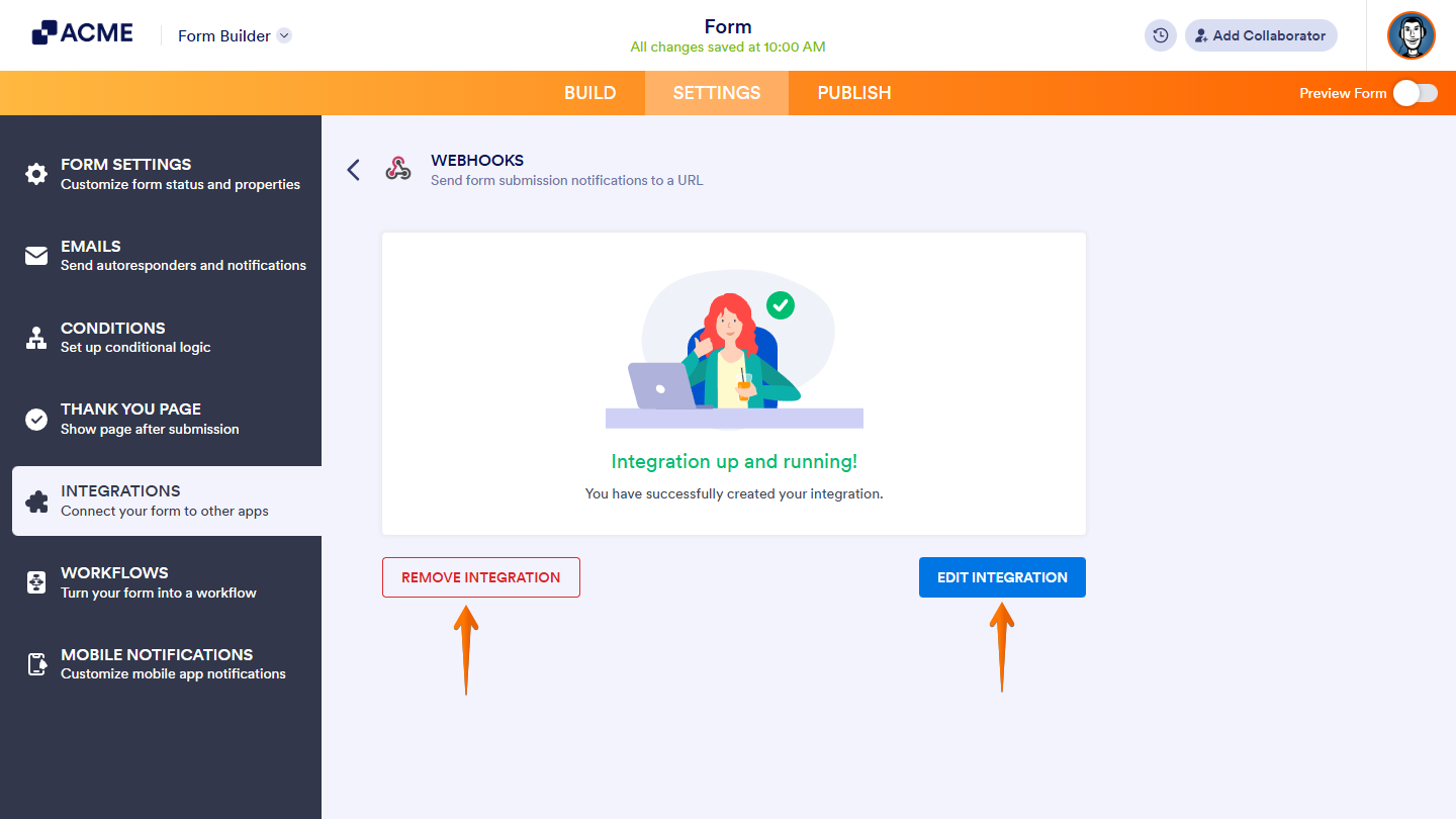 Remove and Integration buttons in the Webhooks integration settings