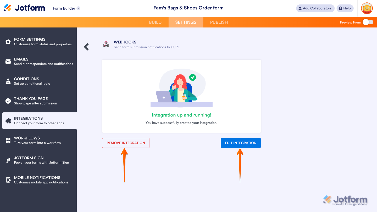 Confirmation screen showing a form successfully sending submission data through a Webhooks integration
