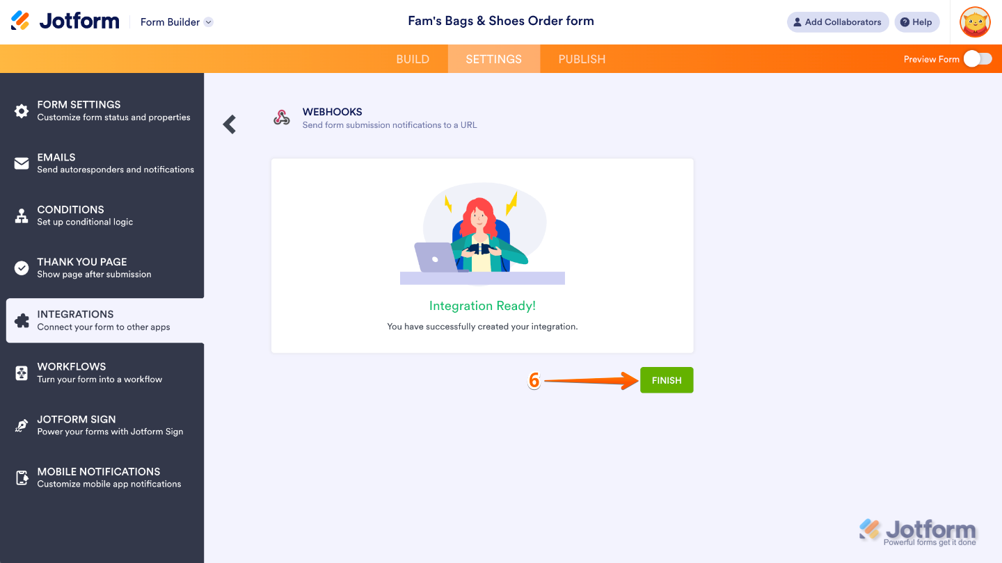 Finish button selected on the Webhooks integration page to finalize the configuration