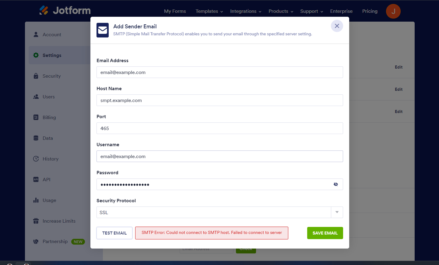 SMTP host error in Jotform