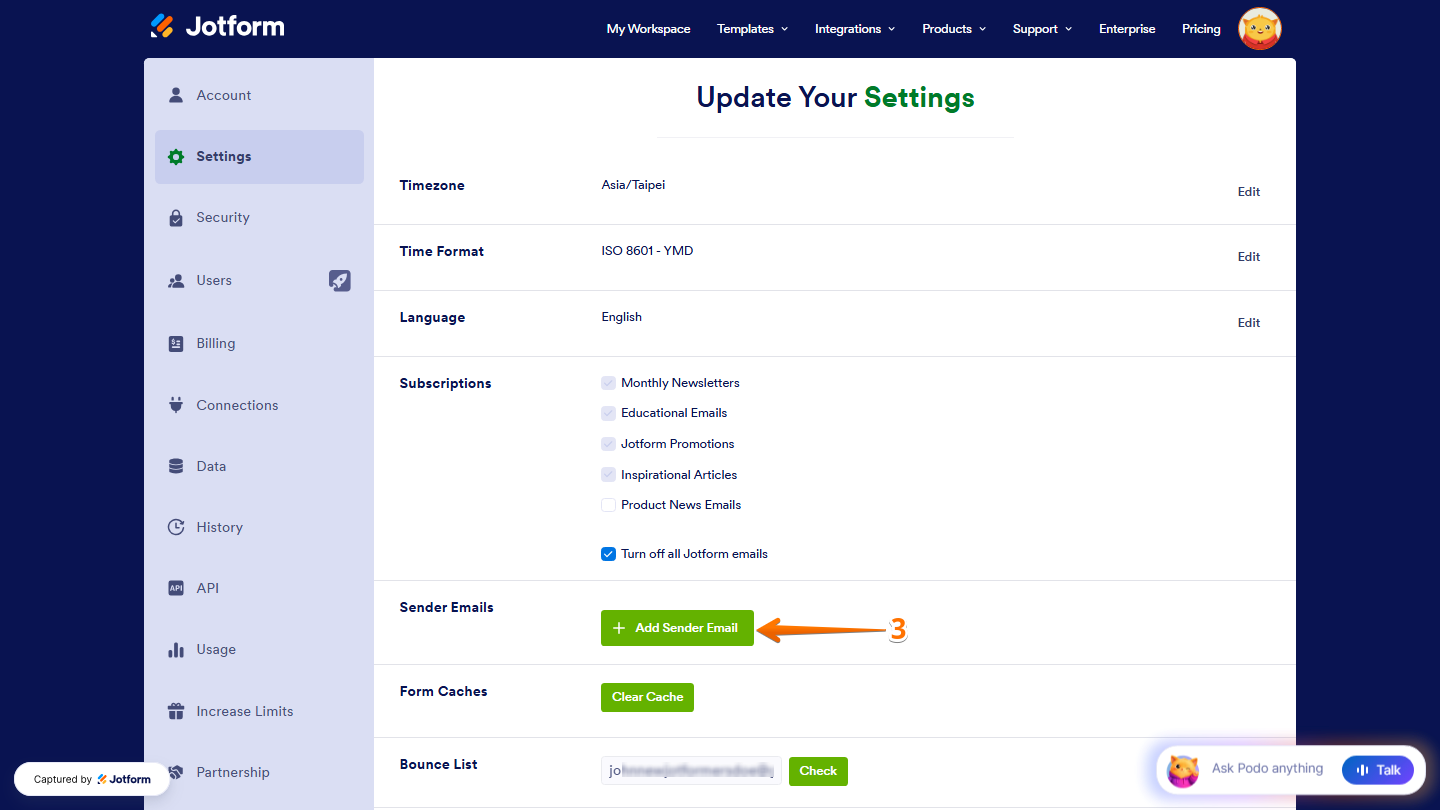 Jotform Account Settings page showing the Send Emails section with the Add Sender Email button on the right for adding a sender email address