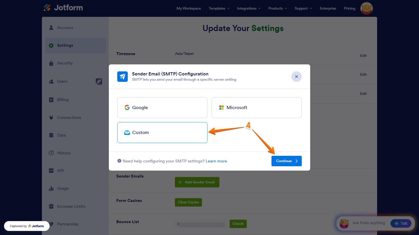 Jotform Sender Email (SMTP) Configuration window showing the Custom option selected and the Continue button for proceeding with custom SMTP settings