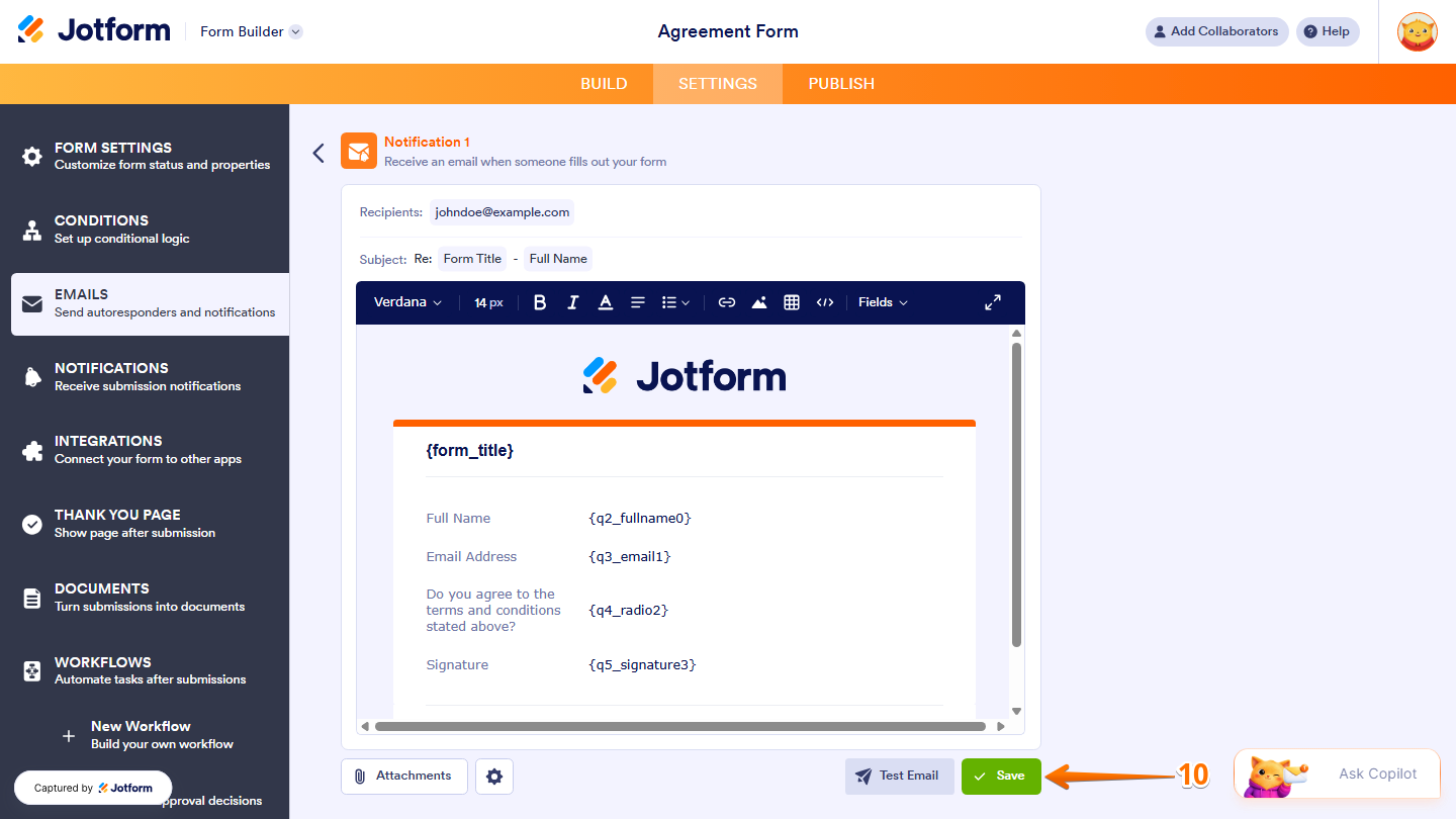 Jotform Email Editor showing the Save button for saving the updated email settings with the selected custom sender email