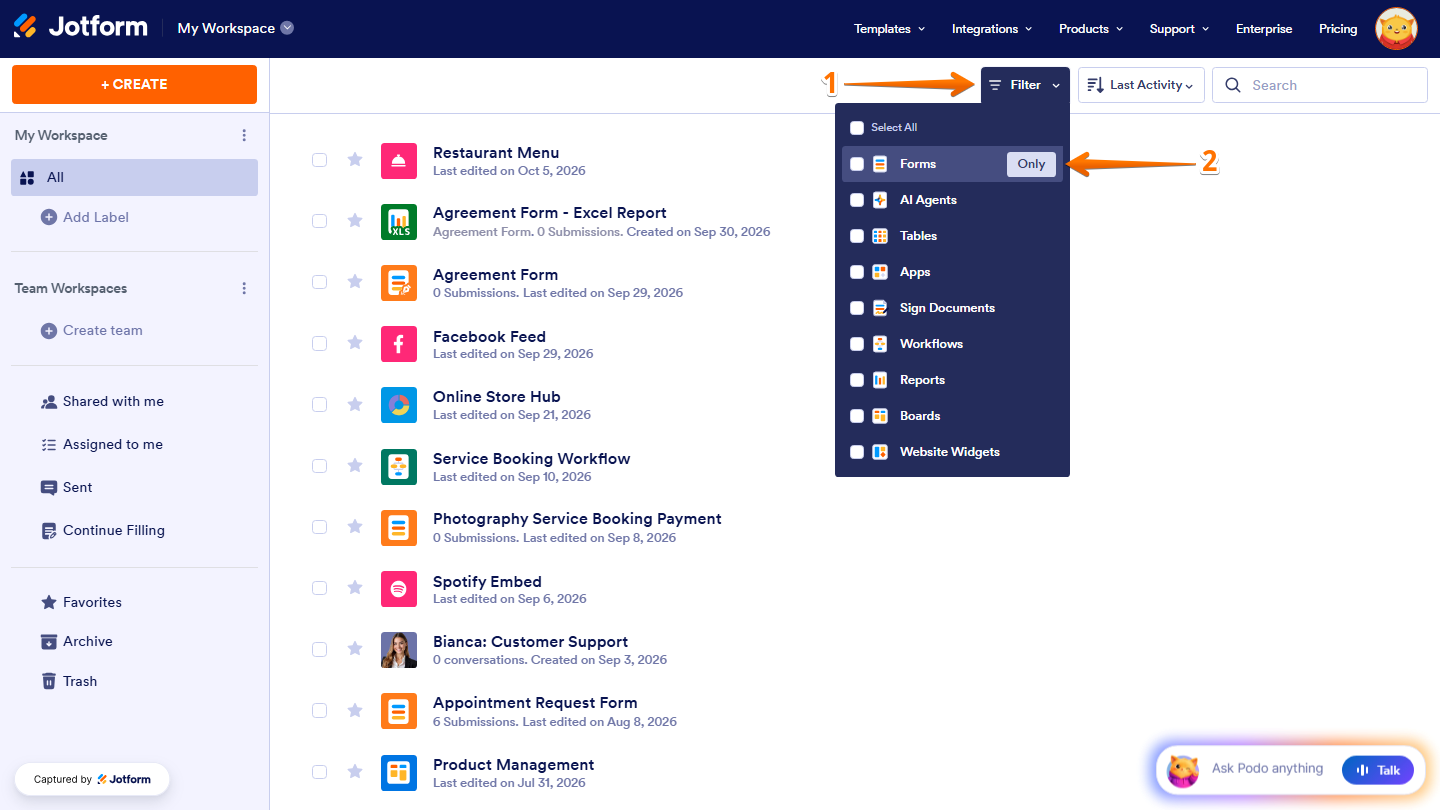 Jotform Workspace page with the Filter dropdown open, showing Forms and the Only option for displaying only form assets
